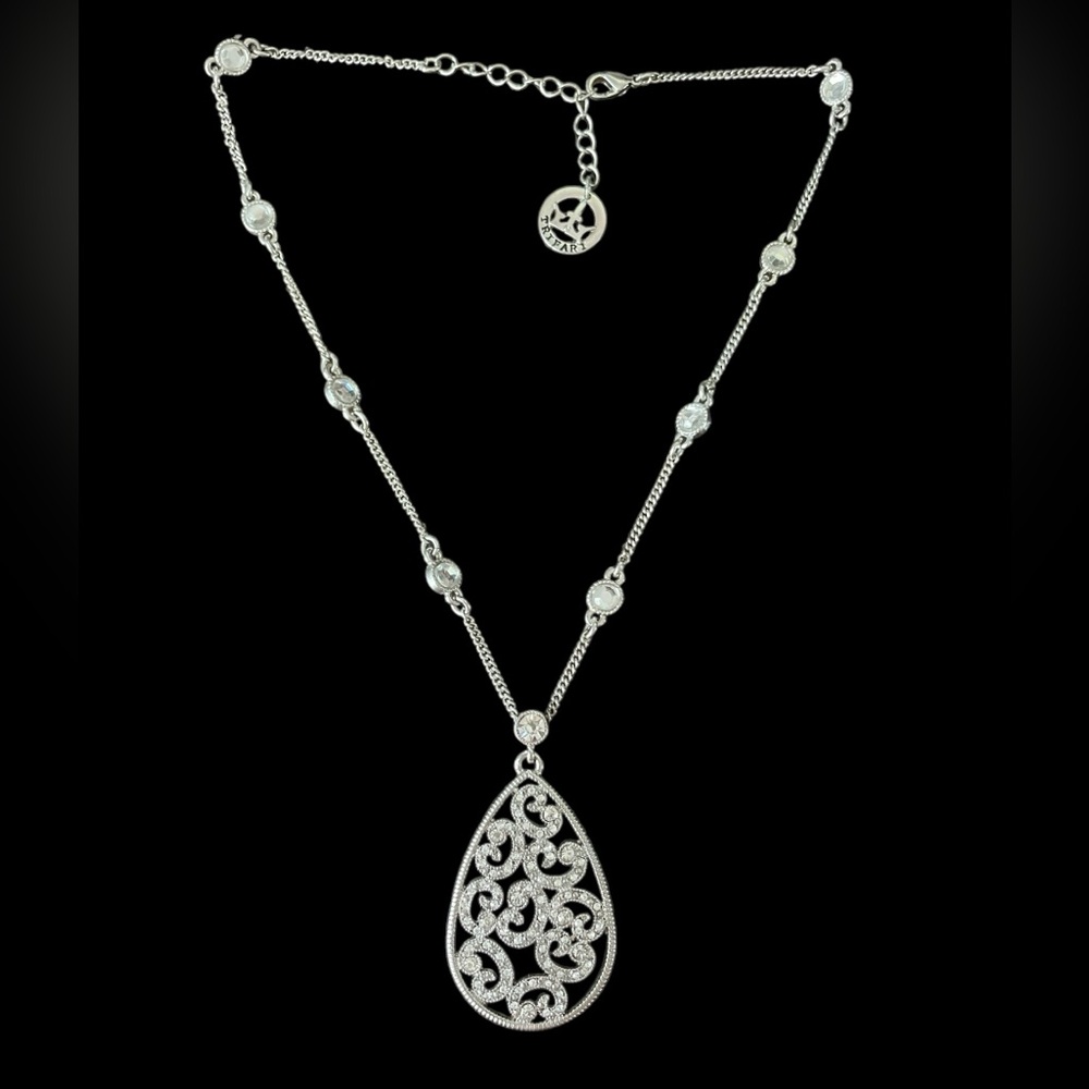 Crown Trifari Teardrop Rhinestone and Crystal Pendant Silver Toned Necklace